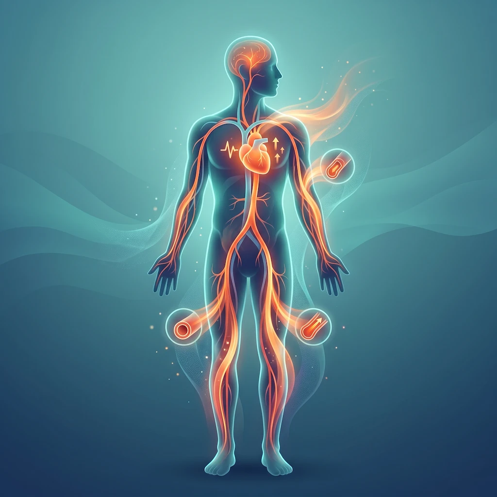 Una visualización estilizada y conceptual del cuerpo humano (silueta traslúcida) que muestra el flujo de energía.