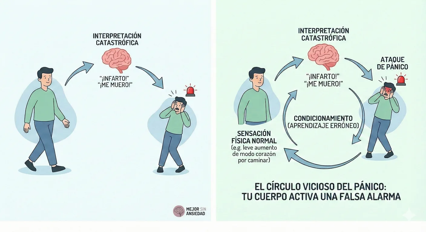 Esquema del condicionamiento del pánico Infografía explicativa del círculo vicioso de un ataque de pánico y la interpretación catastrófica de síntomas físicos