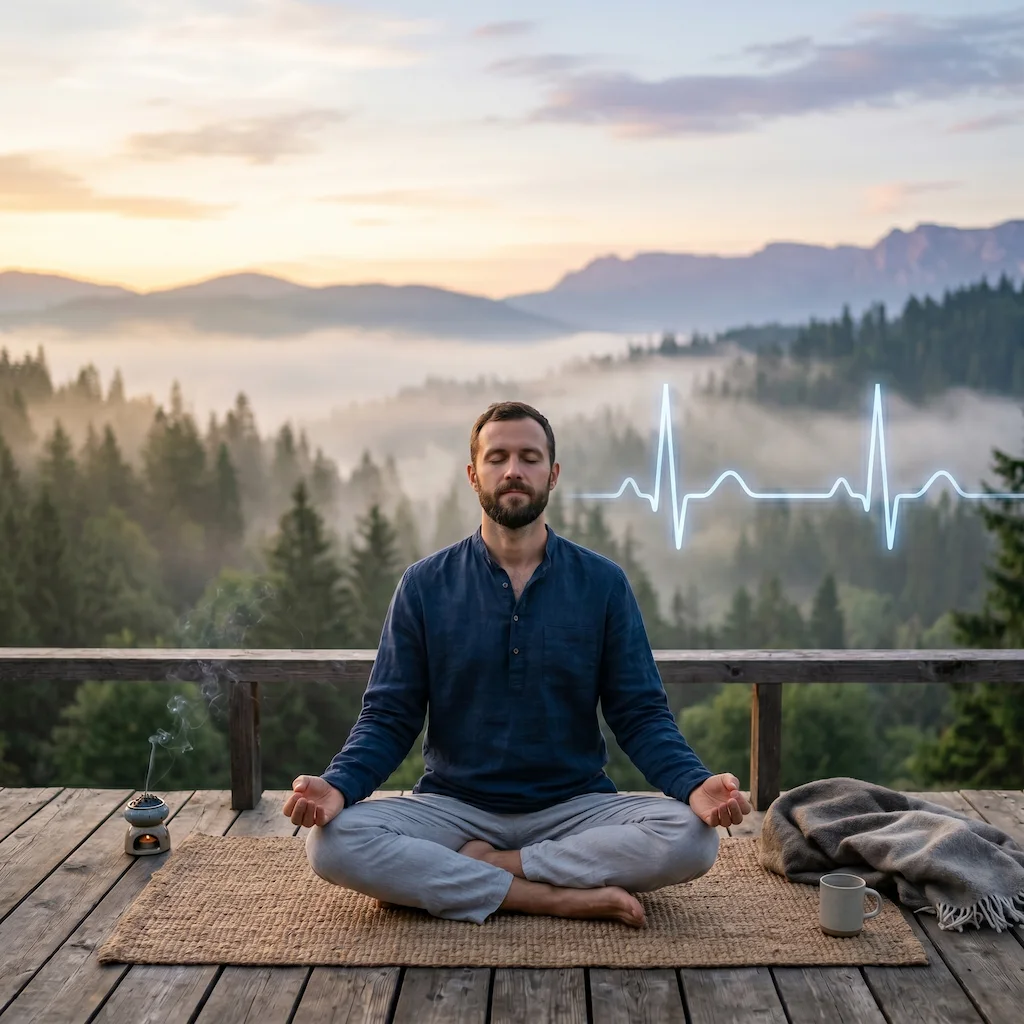 Hombre meditando en una terraza con vistas a un bosque